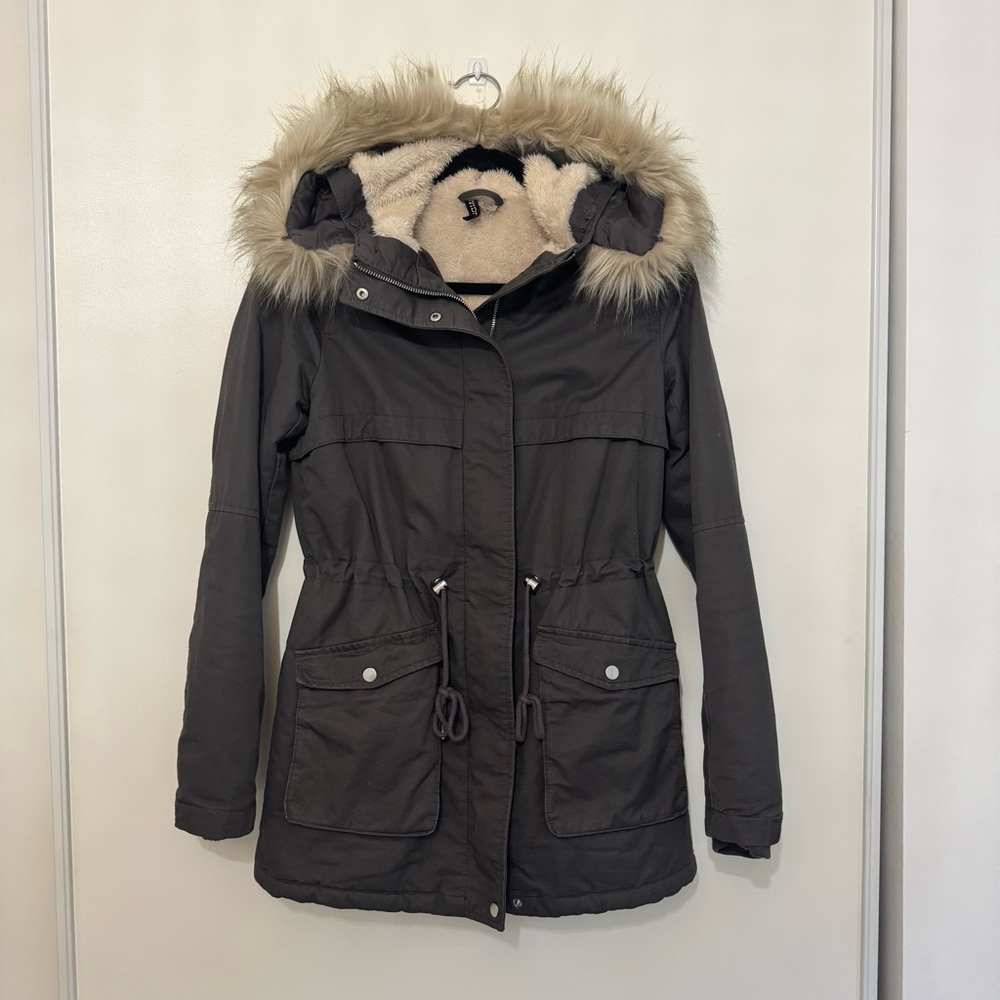 H&M Grey Jacket with Removable Fur Hood